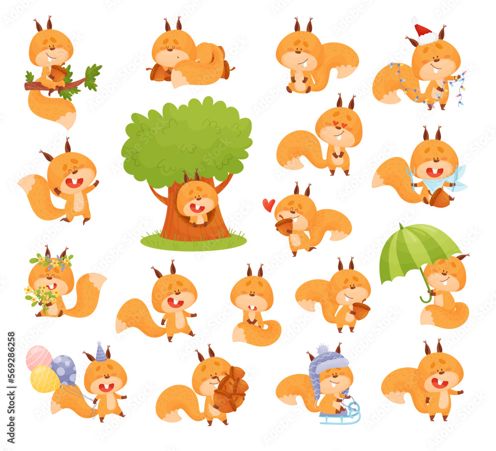 Fototapeta premium Cute Squirrel Character with Bushy Tail Engaged in Different Activity Big Vector Set