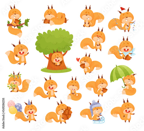 Cute Squirrel Character with Bushy Tail Engaged in Different Activity Big Vector Set