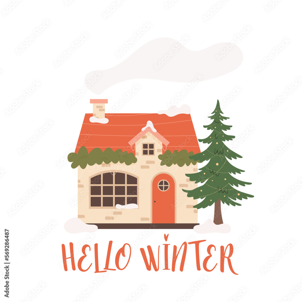 Hello Winter cottage. Vector illustration