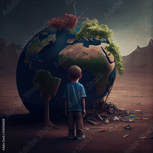 Back view full body of unrecognizable boy looking at destroyed Earth while standing on dirty ground. Generative AI