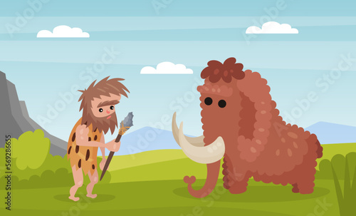 Prehistoric man dressed in animal skin fighting with mammoth. Cavemen primitive prehistoric character cartoon vector