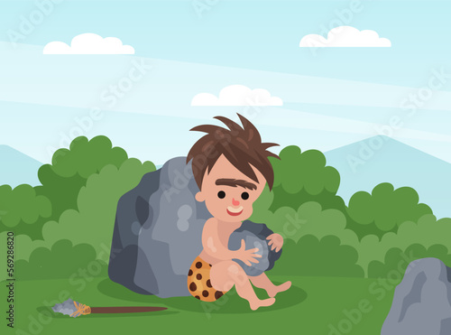 Prehistoric man dressed in animal skin holding round stone. Cavemen primitive prehistoric character cartoon vector