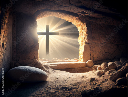 Empty tomb at sunrise. Easter concept created with generative Ai technology photo