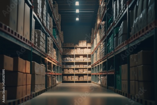warehouse interior in logistic and transport, cardboard boxes and produts, generative by AI
