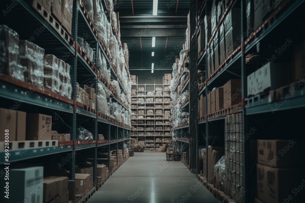 warehouse interior in logistic and transport, cardboard boxes and produts, generative by AI