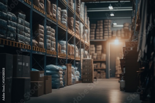 warehouse interior in logistic and transport  cardboard boxes and produts  generative by AI