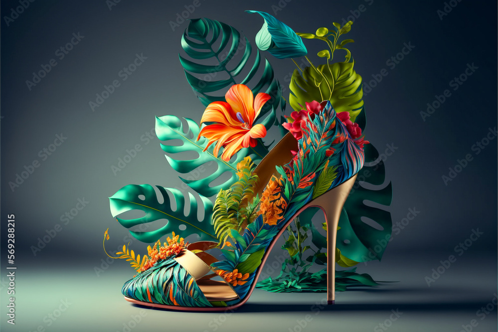 Obraz premium 3d rendering super realistic shoes with botanical elements. Generative AI background