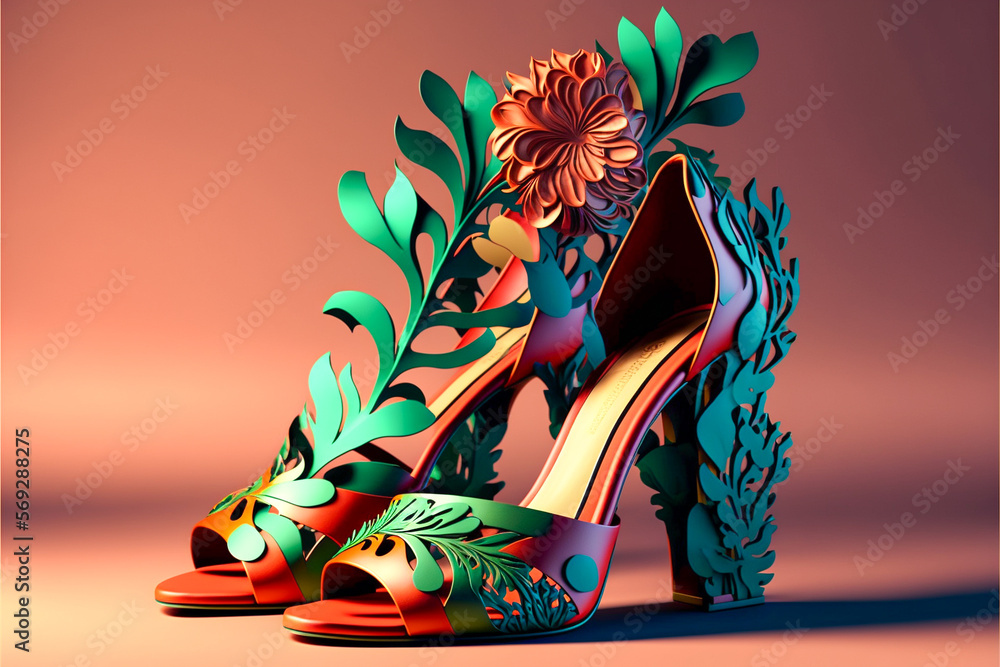 3d rendering super realistic shoes with botanical elements. Generative ...
