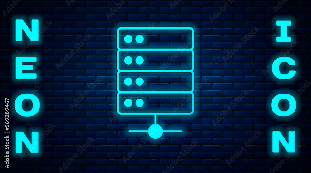 Glowing neon Server, Data, Web Hosting icon isolated on brick wall background. Vector Glowing neon Server, Data, Web Hosting icon isolated on brick wall background. Vector