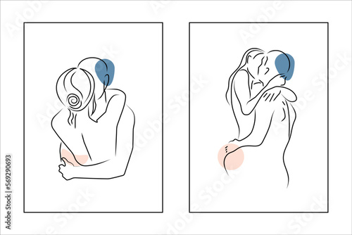 Couple one line drawing design. Vector isolated cover poster design. Love print. Couple kissing line drawing. Stock vector. EPS 10	