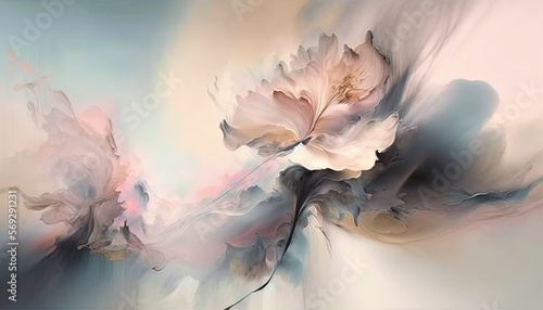  a painting of a flower on a white background with a blue sky in the background and a pink flower in the middle of the painting.  generative ai