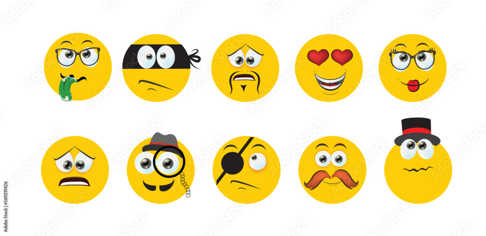 Fototapeta premium Round abstract comic Faces with various Emotions. Cartoon drawing style. Different colorful characters, Flat design. Hand drawn trendy Vector illustration.