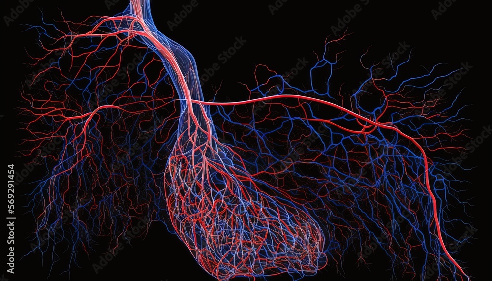 a drawing of a human heart and blood vessels in red and blue lines on a ...