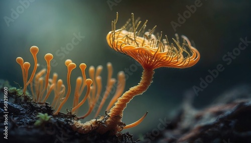 A macro view of a cordyceps fungus growing on the forest floor. © Orlowski Designs LLC