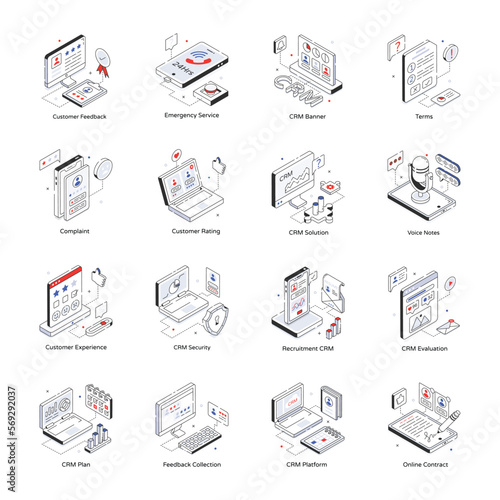 Set of CRM System Isometric Icons 

