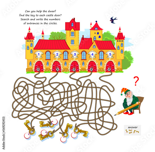 Best labyrinths. Can you help the dwarf find the key to each castle door? Write the numbers of entrances in the circles. Logic puzzle game. Brain teaser book with maze. Educational page for children.