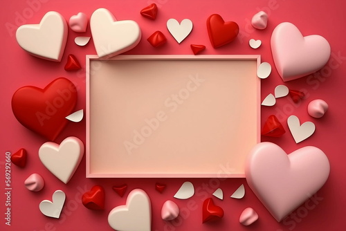 Romantic love letter for Valentine's day concept, romantic love message, with frame for photo or text, around heart of different sizes. Generative AI. © Yurii Moisiuk