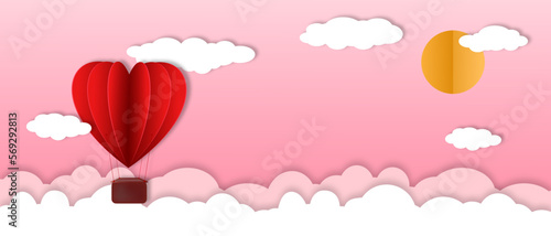 Happy Valentine's Day greeting card design. Holiday banner with hot air heart balloon. Paper art and digital craft style illustration.