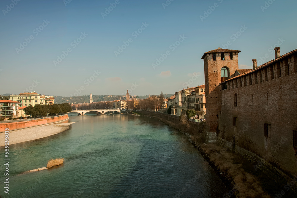 the bridge connects the new city to Castelvecchio di Verona, the stronghold of the Venetian capital with the adige river as a frame