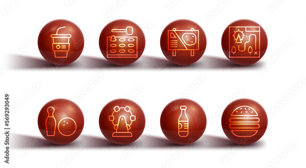 Set line Paper glass with water, Bowling pin and ball, Amusement park map, Bottle of, Ferris wheel, Arcade game machine, Burger and billboard icon. Vector Set line Paper glass with water, Bowling pin and ball, Amusement park map, Bottle of, Ferris wheel, Arcade game machine, Burger and billboard icon. Vector