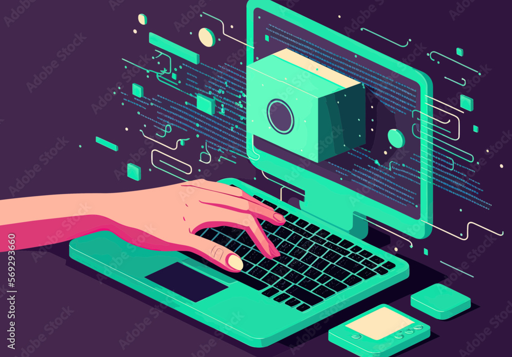 A Hand Interacting With A Computer Hologram. Security, Surveillance, Encryption, Blockchain, Identity A Hand Interacting With A Computer Hologram. Security, Surveillance, Encryption, Blockchain, Identity