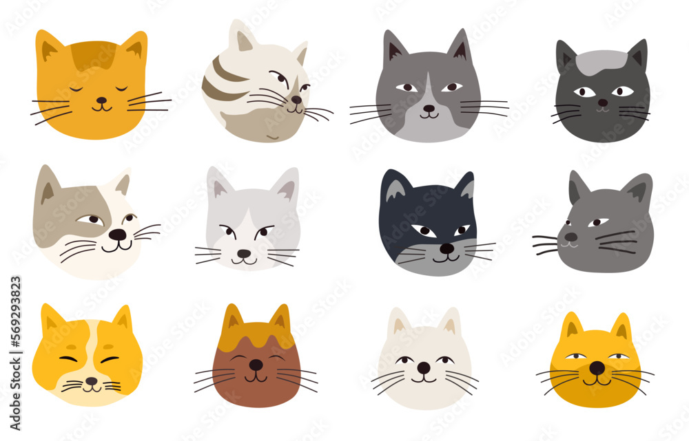 Cats heads emoticons vector. Flat cartoon illustration