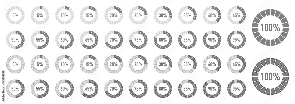 Circle percentage diagrams set for infographics on  white background. Vector illustration