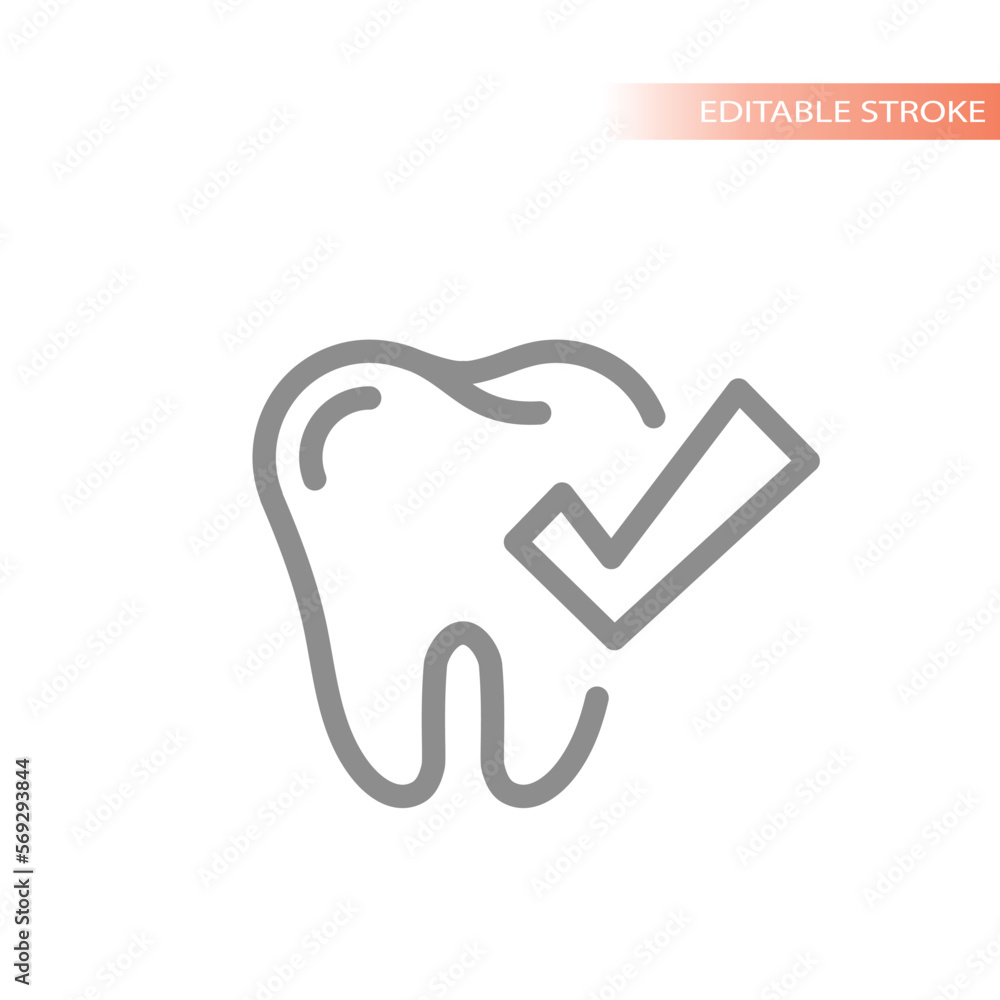 Tooth and checkmark line vector icon. Healthy teeth outline symbol.