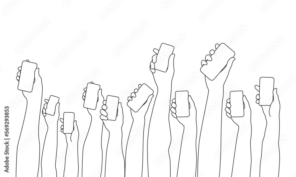 Hands up with smart phone line art vector icon design.