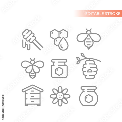 Honey, bee and honeycomb line vector icon set. Jar, honey dipper and beehive outline icons.