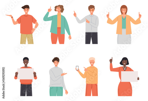 Set of happy people pointing to the side, phone, blank banner. Character for the presentation of goods or services. Men and women point to something. Vector illustration in flat style