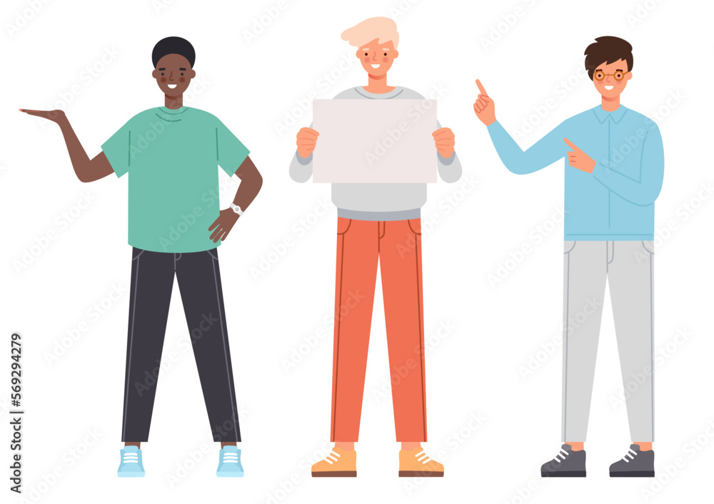 Young guys pointing in different directions, up and down and looking out and with baner. Young guys with joyful emotions points at something. Vector illustration in flat style