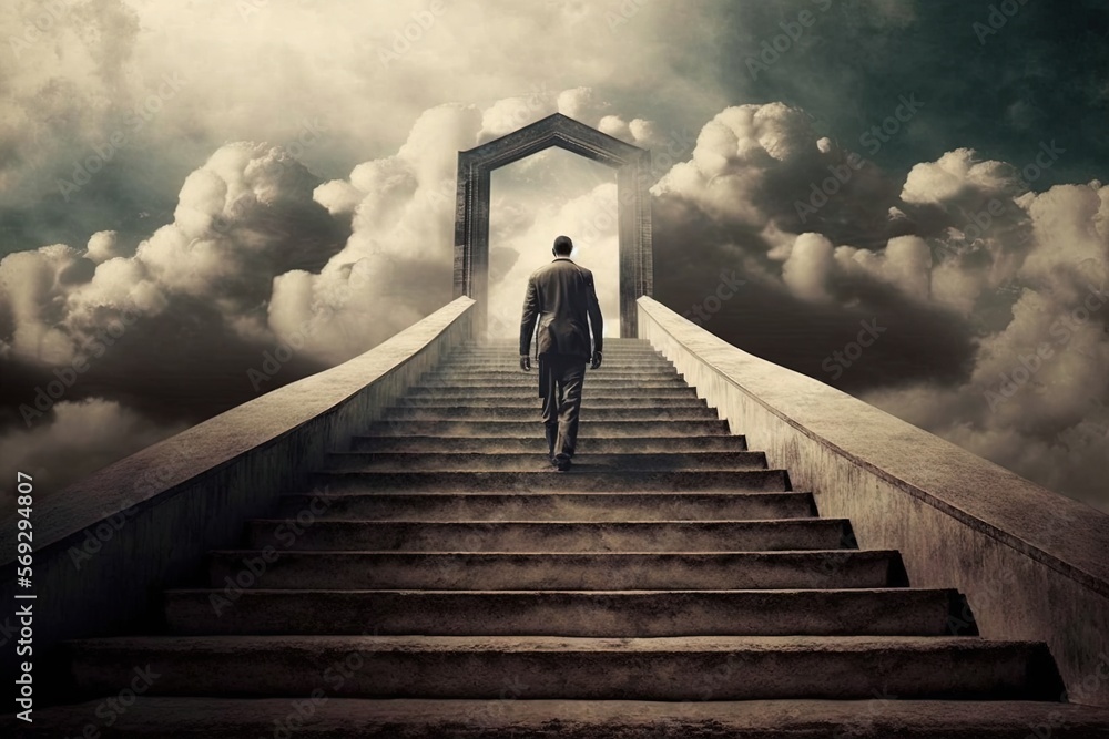 a man walking up a flight of stairs towards a doorway in the sky with ...