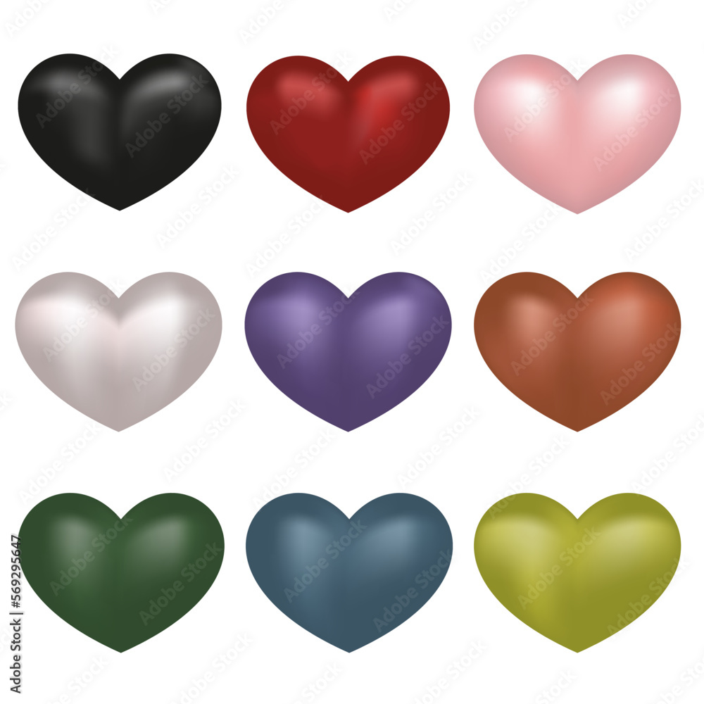 Multicolor volume metal pearl hearts set. Black, red, pink, pearl, blue, purple, yellow, green heart.