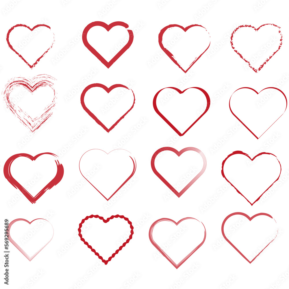 Strokes hearts elements red set. Red heart set.