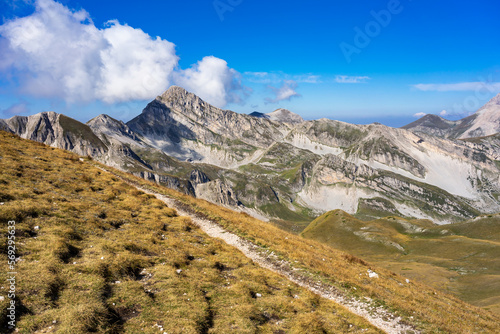 Beautiful landscape hiking to Corno Grande summit, highest mountain of Apennine Mountains, Gran Sasso National Park, Italy