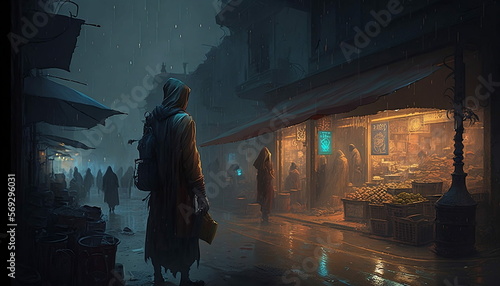 Cyberpunk indian market raining night life.