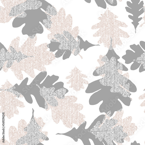 Abstract oak leaf contemporary seamless pattern with hand drawn shapes, spots, dots and lines with textures. boho print. Modern collage vector illustration tonal textures pink grey linen 
