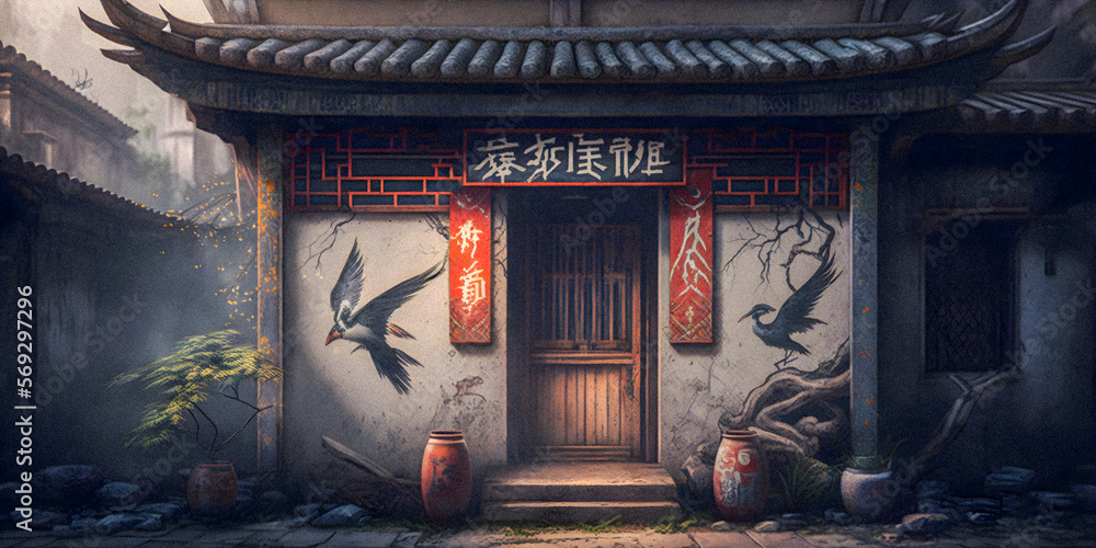 Chinese Graffiti on street wall, illustartion, granular texture Generative AI