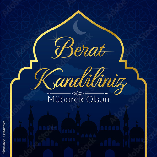 Berat Kandiliniz Muslim holiday. Vector concept of Islamic holy night. Card with arabic pattern and silhouette of the mosque. Vector concept on dark blue background
