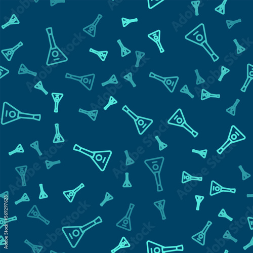 Green line Musical instrument balalaika icon isolated seamless pattern on blue background. Vector