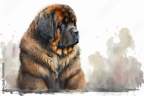 Tibetan Mastiff. Watercolor painting.Generative AI art.