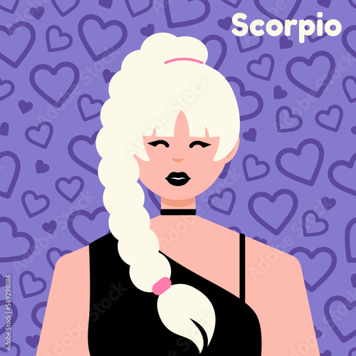 Scorpio astrological sign in flat style. Portrait of a girl.	
