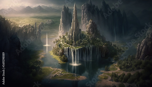 Aerial view  a mysterious tower in the center of an elven city on a plain in Waterfalls.