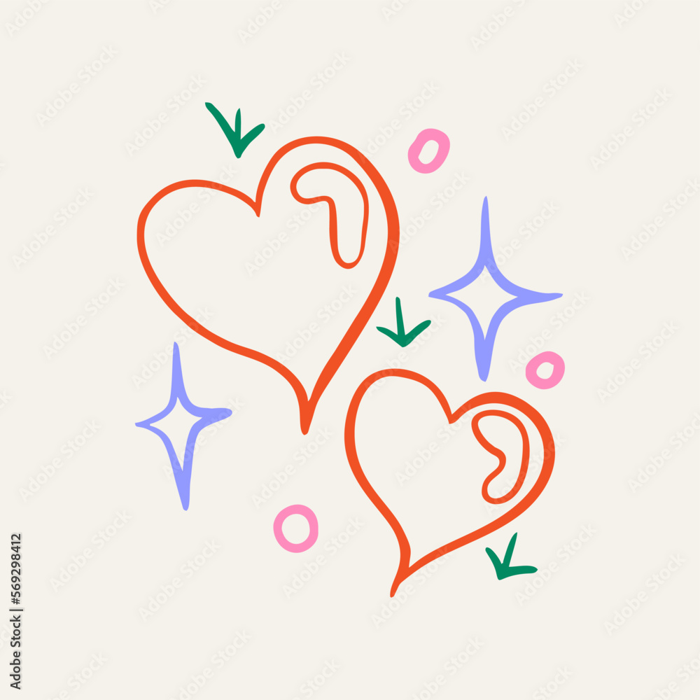 Vector sticker, tattoo. The tattoo is drawn with a thin line. Bright tracery, hearts, stars and swirls. Vector illustration. Vector sticker, tattoo. The tattoo is drawn with a thin line. Bright tracery, hearts, stars and swirls. Vector illustration.