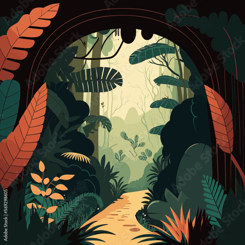A Doorway Into The Jungle. Editable, Artsy Vector Illustration