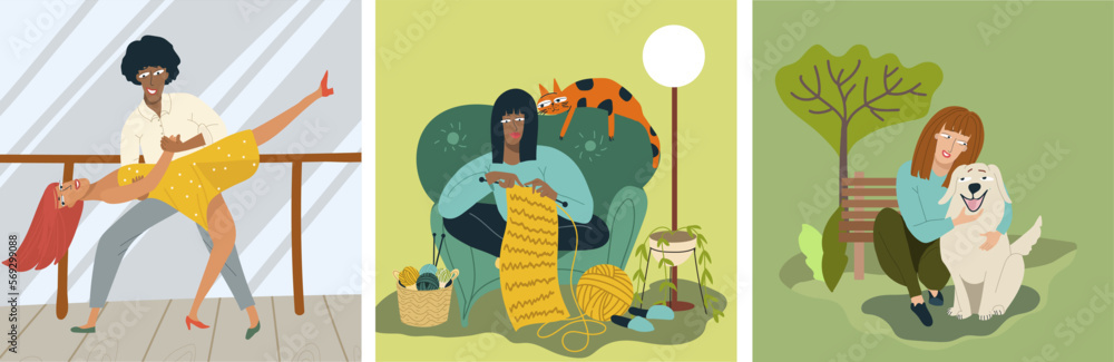 Three illustrations on the theme of hobbies, leisure, pastime, relaxing enjoyable home activities for fun and joy. Uplifting things, happy men, women, people enjoying their holidays. Three illustrations on the theme of hobbies, leisure, pastime, relaxing enjoyable home activities for fun and joy. Uplifting things, happy men, women, people enjoying their holidays.