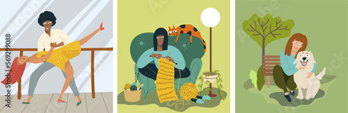 Three illustrations on the theme of hobbies, leisure, pastime, relaxing enjoyable home activities for fun and joy. Uplifting things, happy men, women, people enjoying their holidays. 