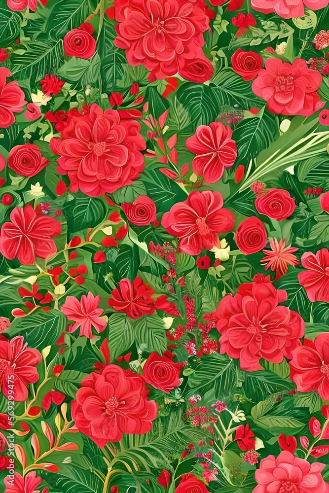 Illustrated Pattern with red flowers and green leaves full seamless valentines day nature background
