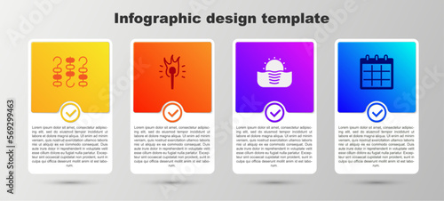 Set Grilled shish kebab on skewer, Torch flame, Sunrise and Calendar. Business infographic template. Vector